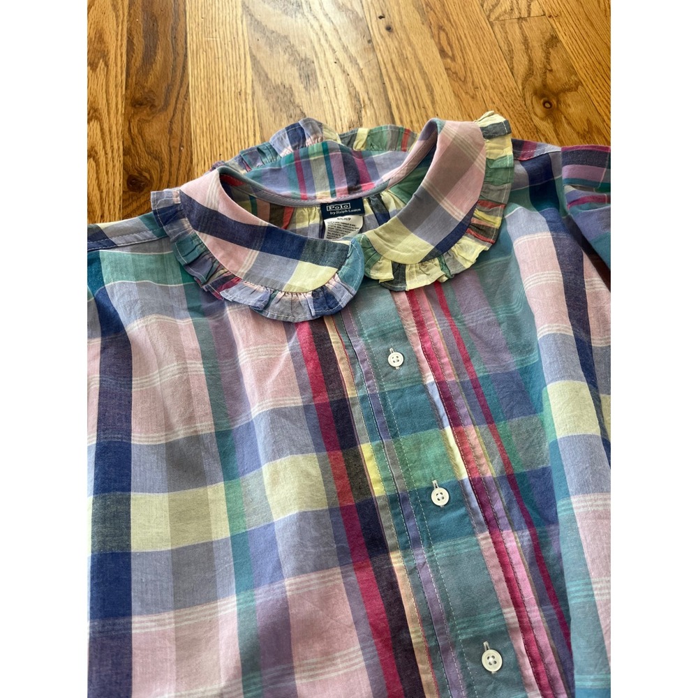 Polo Ralph Lauren Plaid Ruffle Collar Blouse Pink Blue Purple Cotton Top S b7 - Picture 7 of 7